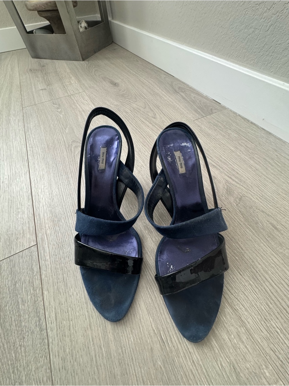 Miu Miu Navy and Black Slingback Heeled Sandals in suede and patent leather